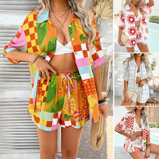 Diyun 2025 Spring/Summer Cross-border European, American, Bohemian and Indian Casual Vacation Style Flower contrast color cardigan Short pants set Diyun 2025 Spring/Summer Cross-border European, American, Bohemian and Indian Casual Vacation Style Flower contrast color cardigan Short pants set