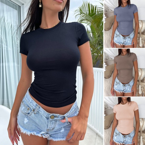 Diyun Cross-border European and American women's top, Amazon Spring/Summer 2025 Y2K style solid color slimming short-sleeved T-shirt for women