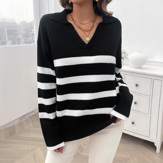 Diyun Amazon Cross-border 2024 Autumn/Winter Women's casual loose striped contrasting color lapel sweater top for women Diyun Amazon Cross-border 2024 Autumn/Winter Women's casual loose striped contrasting color lapel sweater top for women