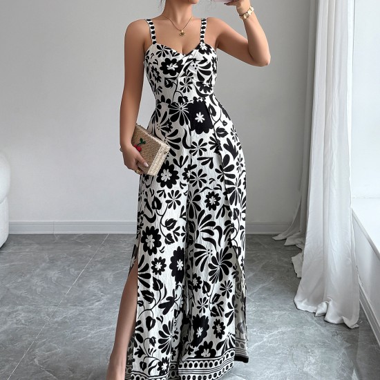 Di Yun's European and American cross-border 2025 Spring/Summer elegant and stylish twist-printed small halter wide-leg one-piece long pants women's clothing