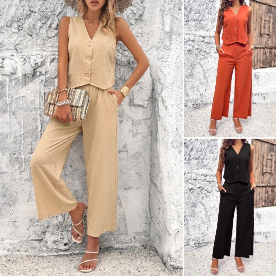 Diyun Cross-border Foreign Trade Fashion Women's Wear Amazon Spring/Summer 2024 Casual and Elegant Solid Color Vest Set Diyun Cross-border Foreign Trade Fashion Women's Wear Amazon Spring/Summer 2024 Casual and Elegant Solid Color Vest Set