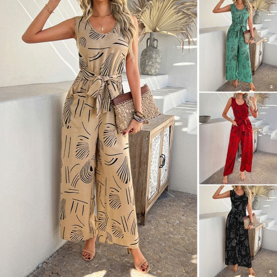 Diyun Cross-border European and American 2025 Spring/Summer Casual Vacation Style Cotton Printed High-waisted pocket one-piece Long Pants women's clothing