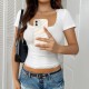 Diyun 2025 Spring/Summer Cross-border European and American Women's top Y2K Sexy Solid Color U-neck lace patchwork bm short-sleeved T-shirt Diyun 2025 Spring/Summer Cross-border European and American Women's top Y2K Sexy Solid Color U-neck lace patchwork bm short-sleeved T-shirt