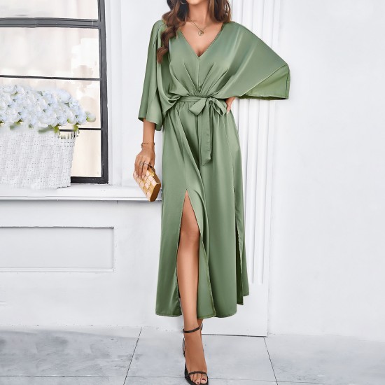 Diyun Cross-border Amazon European and American Women's Clothing 2025 Spring/Summer Export elegant high-waisted V-neck loose dress Diyun Cross-border Amazon European and American Women's Clothing 2025 Spring/Summer Export elegant high-waisted V-neck loose dress