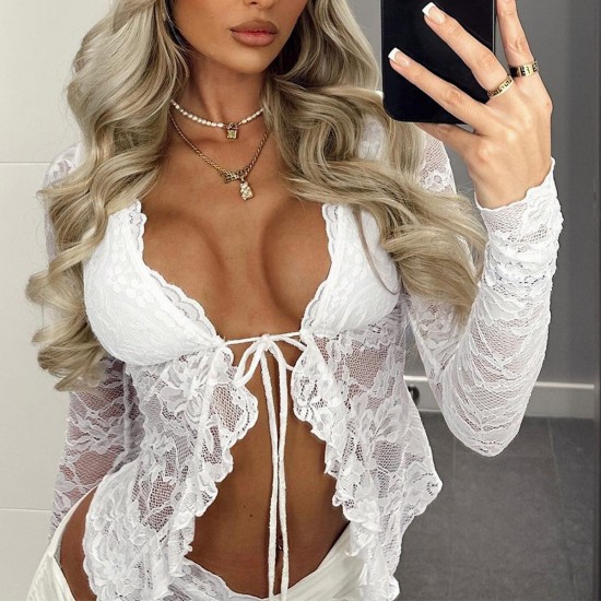 Diyun Cross-border 2025 Spring/Summer European and American Y2K Sexy Cut-out See-through cardigan with lace-up and lace long-sleeved women's top