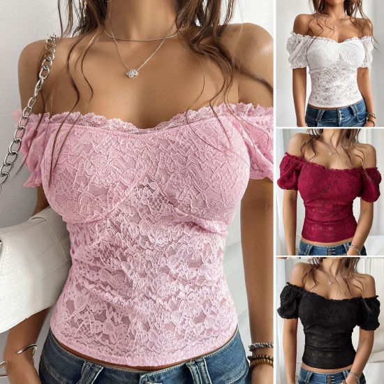 Diyun Cross-border Amazon Spring/Summer 2025 European and American sexy hollowed-out crop top, slimming one-shoulder lace women's clothing Diyun Cross-border Amazon Spring/Summer 2025 European and American sexy hollowed-out crop top, slimming one-shoulder lace women's clothing