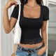 Diyun 2025 Spring/Summer Cross-border European and American Women's top Y2K Sexy Solid Color U-neck lace patchwork bm short-sleeved T-shirt Diyun 2025 Spring/Summer Cross-border European and American Women's top Y2K Sexy Solid Color U-neck lace patchwork bm short-sleeved T-shirt