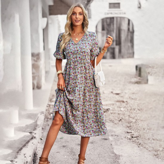 Diyun independently developed and designed a printed V-neck short-sleeved vacation dress for summer 2025 European and American women's clothing export Diyun independently developed and designed a printed V-neck short-sleeved vacation dress for summer 2025 European and American women's clothing export