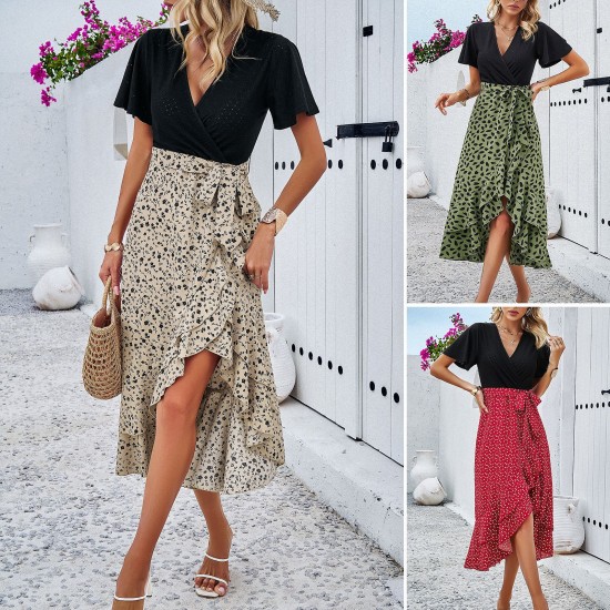 Diyun European and American women's clothing Amazon Cross-border 2024 Spring/Summer export elegant color-blocking short-sleeved V-neck dress Diyun European and American women's clothing Amazon Cross-border 2024 Spring/Summer export elegant color-blocking short-sleeved V-neck dress