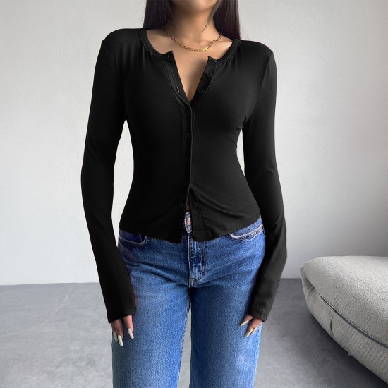 Diyun Cross-border Trade Amazon 2024 Autumn/Winter Women's Top Y2K Solid Color Slimming Cardigan Button Long-sleeved T-shirt