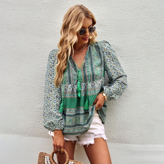 Self-developed and designed Amazon-style Pomixia vacation-style shirt, color-blocking print, all-season top and shirt for women Self-developed and designed Amazon-style Pomixia vacation-style shirt, color-blocking print, all-season top and shirt for women