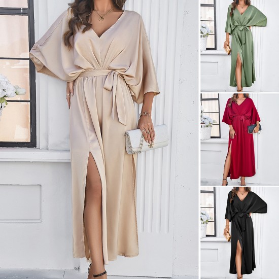 Diyun Cross-border Amazon European and American Women's Clothing 2025 Spring/Summer Export elegant high-waisted V-neck loose dress Diyun Cross-border Amazon European and American Women's Clothing 2025 Spring/Summer Export elegant high-waisted V-neck loose dress