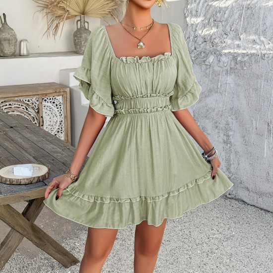 Diyun Cross-border 2025 Spring/Summer European and American casual vacation style solid-color black ear-trimmed short-sleeved dress, children's short skirt Diyun Cross-border 2025 Spring/Summer European and American casual vacation style solid-color black ear-trimmed short-sleeved dress, children's short skirt