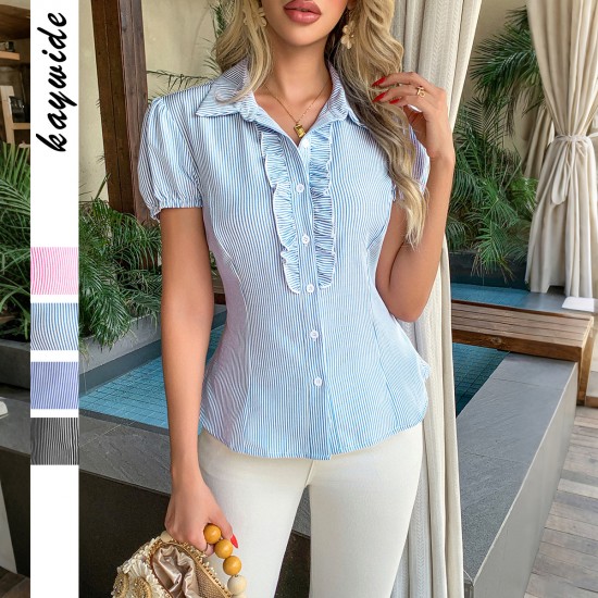 Diyun Cross-border European and American Casual Vacation striped Button short-sleeved shirt women's clothing 2025 Summer Amazon Independent Station Diyun Cross-border European and American Casual Vacation striped Button short-sleeved shirt women's clothing 2025 Summer Amazon Independent Station