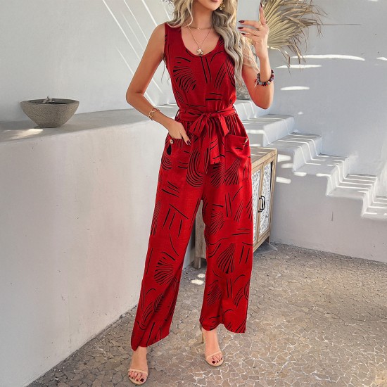 Diyun Cross-border European and American 2025 Spring/Summer Casual Vacation Style Cotton Printed High-waisted pocket one-piece Long Pants women's clothing
