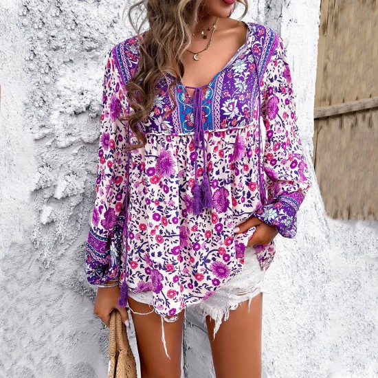 Diyun European and American Women's Clothing Independent Station Cross-border Trade 2025 Spring/Summer Casual Vacation Printed T-shirt Long-sleeved Women's Shirt