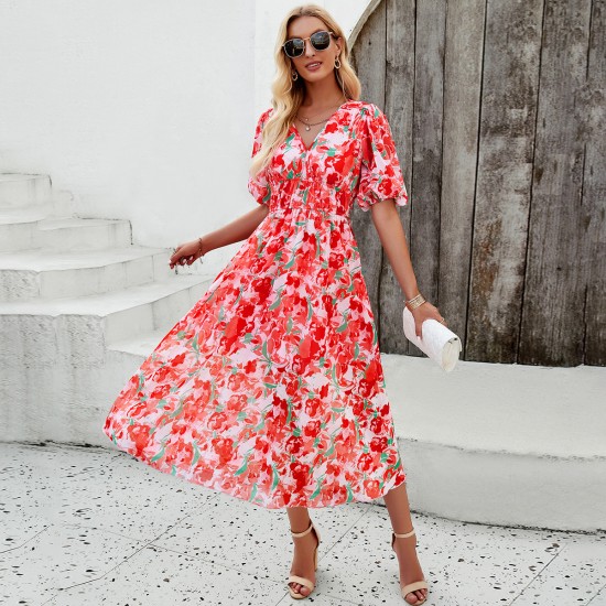 Diyun's European and American dress women's Amazon Spring/Summer 2024 vacation print waist-waist V-neck chiffon short-sleeved long dress Diyun's European and American dress women's Amazon Spring/Summer 2024 vacation print waist-waist V-neck chiffon short-sleeved long dress