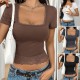 Diyun 2025 Spring/Summer Cross-border European and American Women's top Y2K Sexy Solid Color U-neck lace patchwork bm short-sleeved T-shirt Diyun 2025 Spring/Summer Cross-border European and American Women's top Y2K Sexy Solid Color U-neck lace patchwork bm short-sleeved T-shirt