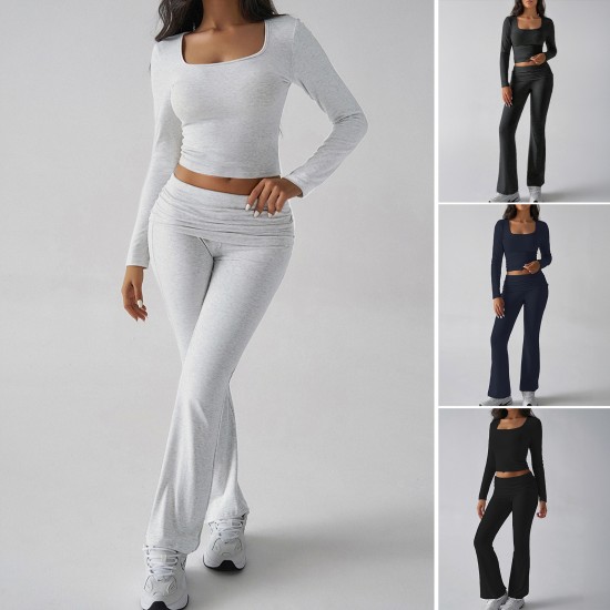 Diyun Cross-border Foreign Trade 2024 Autumn/Winter Solid-color casual knitted long-sleeved top, yoga wear and two-piece pants set for Europe and America Diyun Cross-border Foreign Trade 2024 Autumn/Winter Solid-color casual knitted long-sleeved top, yoga wear and two-piece pants set for Europe and America