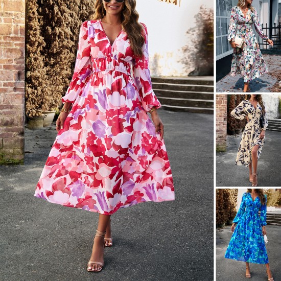 Diyun European and American cross-border V-neck floral print dress 2025 Summer Export women's clothing vacation Casual printed long dress for children Diyun European and American cross-border V-neck floral print dress 2025 Summer Export women's clothing vacation Casual printed long dress for children