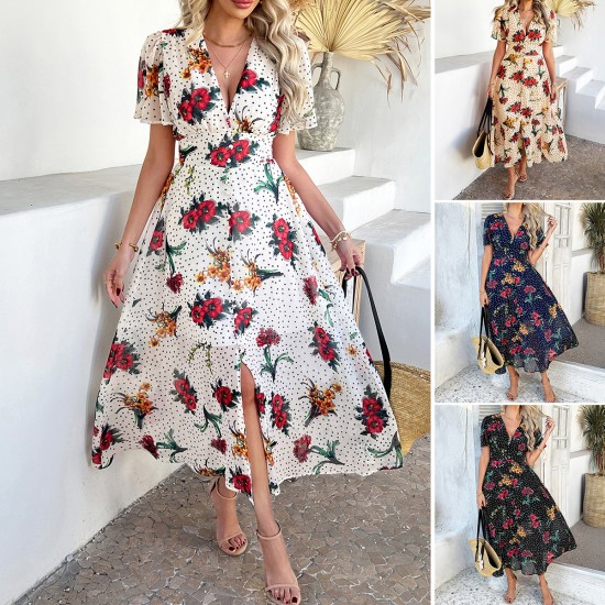 Diyun Cross-border European and American 2025 Spring/Summer Bohemian Sexy Deep V Chiffon Printed short-sleeved dress for children Diyun Cross-border European and American 2025 Spring/Summer Bohemian Sexy Deep V Chiffon Printed short-sleeved dress for children