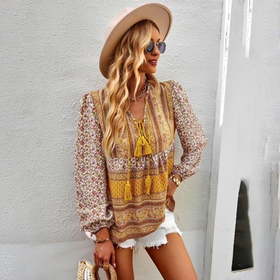 Self-developed and designed Amazon-style Pomixia vacation-style shirt, color-blocking print, all-season top and shirt for women Self-developed and designed Amazon-style Pomixia vacation-style shirt, color-blocking print, all-season top and shirt for women