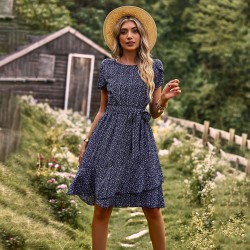 Self-developed and designed Amazon round-neck casual dress for summer 2023 with a lace-up and cinched waist
