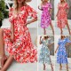 Diyun's European and American dress women's Amazon Spring/Summer 2024 vacation print waist-waist V-neck chiffon short-sleeved long dress Diyun's European and American dress women's Amazon Spring/Summer 2024 vacation print waist-waist V-neck chiffon short-sleeved long dress