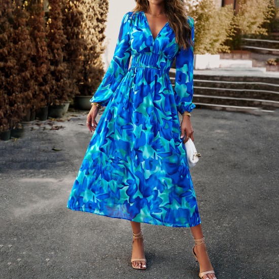 Diyun European and American cross-border V-neck floral print dress 2025 Summer Export women's clothing vacation Casual printed long dress for children Diyun European and American cross-border V-neck floral print dress 2025 Summer Export women's clothing vacation Casual printed long dress for children