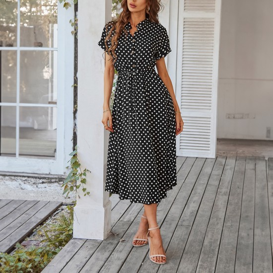 Diyun 2025 Spring/Summer Cross-border European and American Style Casual Vacation Trend Point Printed high-waisted lace-up Dress women's clothing