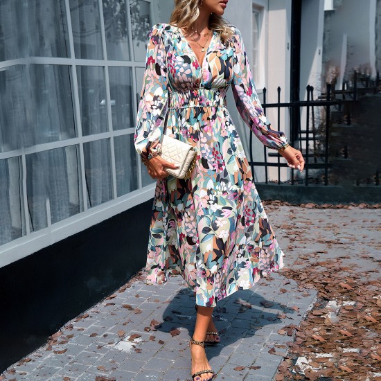 Diyun European and American cross-border V-neck floral print dress 2025 Summer Export women's clothing vacation Casual printed long dress for children Diyun European and American cross-border V-neck floral print dress 2025 Summer Export women's clothing vacation Casual printed long dress for children