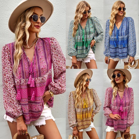 Self-developed and designed Amazon-style Pomixia vacation-style shirt, color-blocking print, all-season top and shirt for women Self-developed and designed Amazon-style Pomixia vacation-style shirt, color-blocking print, all-season top and shirt for women