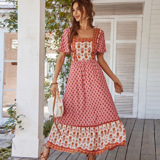 Di Yun's Spring/Summer 2025 European and American cross-border cotton printed dress, French printed vacation style square neck dress for women