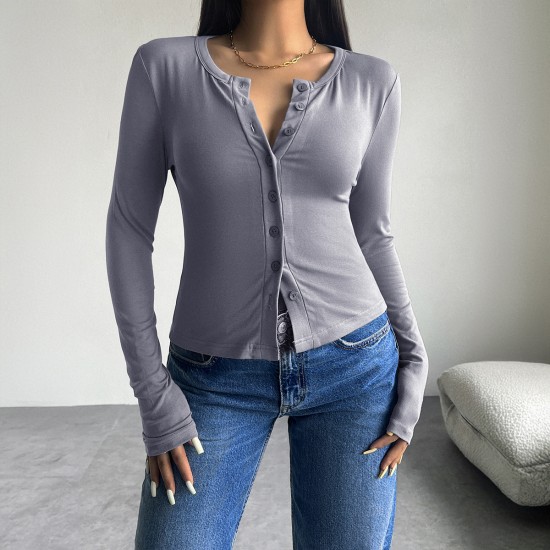 Diyun Cross-border Trade Amazon 2024 Autumn/Winter Women's Top Y2K Solid Color Slimming Cardigan Button Long-sleeved T-shirt
