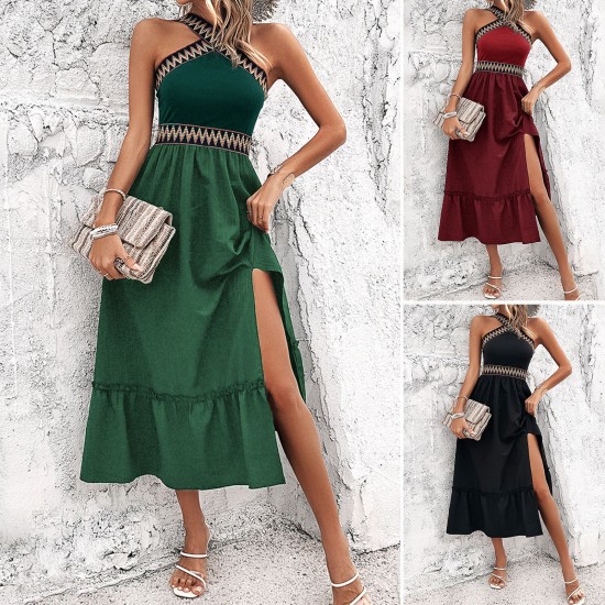 Diyun's European and American cross-border 2025 Spring/Summer stylish high-waisted, elegant cinched-waist, halter-neck, color-blocking slit dress for children Diyun's European and American cross-border 2025 Spring/Summer stylish high-waisted, elegant cinched-waist, halter-neck, color-blocking slit dress for children