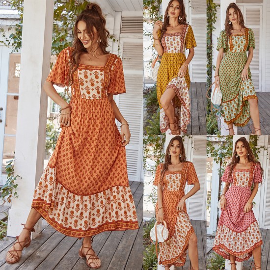 Di Yun's Spring/Summer 2025 European and American cross-border cotton printed dress, French printed vacation style square neck dress for women
