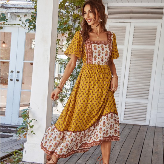 Di Yun's Spring/Summer 2025 European and American cross-border cotton printed dress, French printed vacation style square neck dress for women