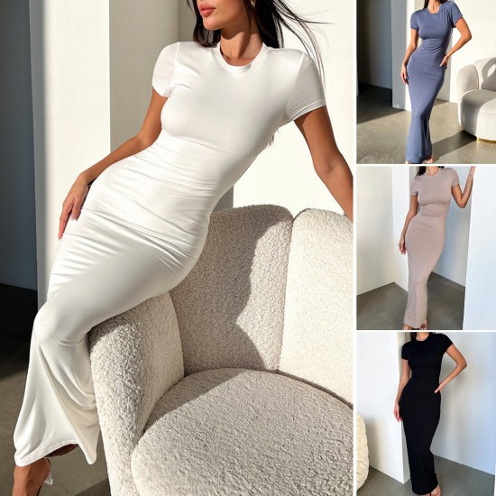 Diyun Cross-border Amazon European and American Women's Clothing 2024 Spring/Summer Export Solid color elegant Slimming short-sleeved dress