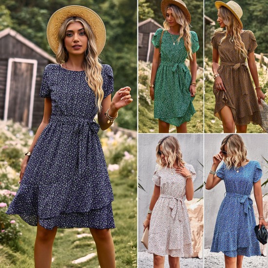 Self-developed and designed Amazon round-neck casual dress for summer 2023 with a lace-up and cinched waist Self-developed and designed Amazon round-neck casual dress for summer 2023 with a lace-up and cinched waist