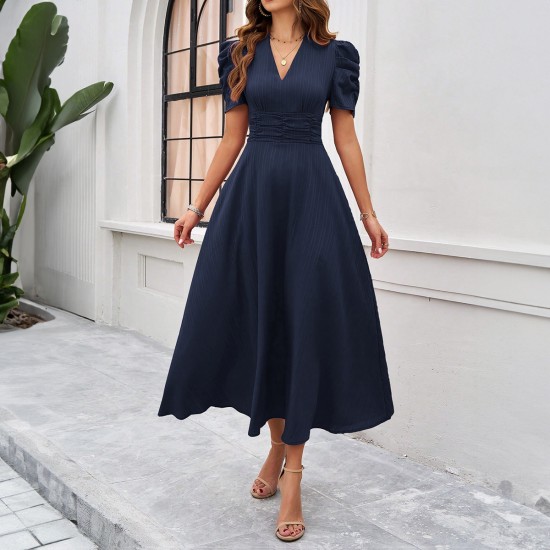 Diyun Cross-border 2025 Spring/Summer elegant solid-color high-waisted V-neck solid-color short-sleeved dress for children Diyun Cross-border 2025 Spring/Summer elegant solid-color high-waisted V-neck solid-color short-sleeved dress for children