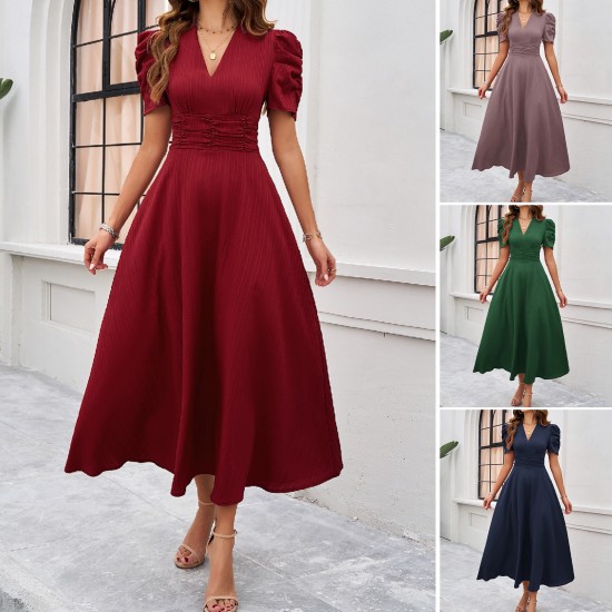 Diyun Cross-border 2025 Spring/Summer elegant solid-color high-waisted V-neck solid-color short-sleeved dress for children Diyun Cross-border 2025 Spring/Summer elegant solid-color high-waisted V-neck solid-color short-sleeved dress for children