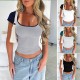 Diyun Amazon Spring/Summer 2025 Cross-border European and American Y2K sexy Slimming U-neck contrasting color short-sleeved top women's T-shirt Diyun Amazon Spring/Summer 2025 Cross-border European and American Y2K sexy Slimming U-neck contrasting color short-sleeved top women's T-shirt