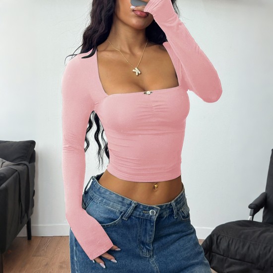 Diyun Cross-border European and American Y2K Spicy Girl style solid color long-sleeved base layer T-shirt women's clothing 2025 Summer Amazon Independent Store Diyun Cross-border European and American Y2K Spicy Girl style solid color long-sleeved base layer T-shirt women's clothing 2025 Summer Amazon Independent Store