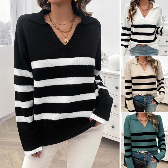 Diyun Amazon Cross-border 2024 Autumn/Winter Women's casual loose striped contrasting color lapel sweater top for women Diyun Amazon Cross-border 2024 Autumn/Winter Women's casual loose striped contrasting color lapel sweater top for women
