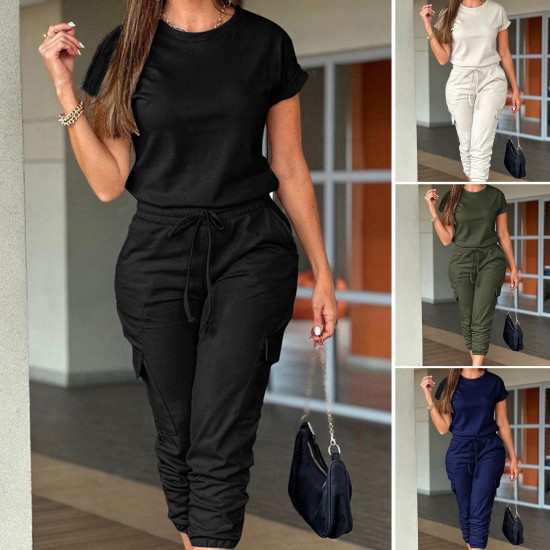 Diyun Cross-border Women's Clothing Spring/Summer 2025 Amazon European and American Casual workwear short-sleeved tapered lace-up one-piece pants