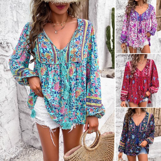 Diyun European and American Women's Clothing Independent Station Cross-border Trade 2025 Spring/Summer Casual Vacation Printed T-shirt Long-sleeved Women's Shirt