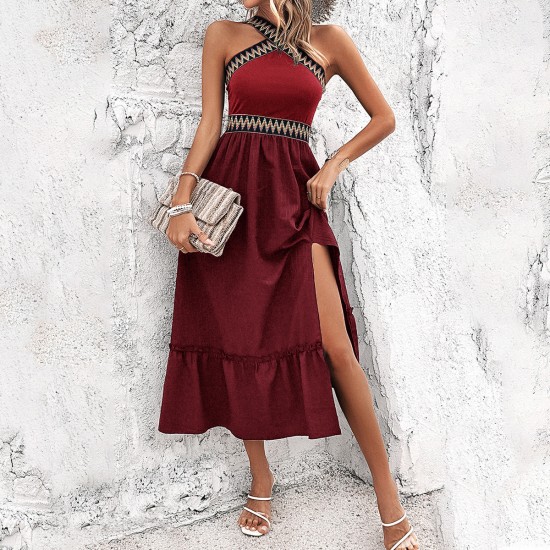 Diyun's European and American cross-border 2025 Spring/Summer stylish high-waisted, elegant cinched-waist, halter-neck, color-blocking slit dress for children Diyun's European and American cross-border 2025 Spring/Summer stylish high-waisted, elegant cinched-waist, halter-neck, color-blocking slit dress for children