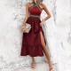 Diyun's European and American cross-border 2025 Spring/Summer stylish high-waisted, elegant cinched-waist, halter-neck, color-blocking slit dress for children Diyun's European and American cross-border 2025 Spring/Summer stylish high-waisted, elegant cinched-waist, halter-neck, color-blocking slit dress for children