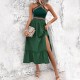 Diyun's European and American cross-border 2025 Spring/Summer stylish high-waisted, elegant cinched-waist, halter-neck, color-blocking slit dress for children Diyun's European and American cross-border 2025 Spring/Summer stylish high-waisted, elegant cinched-waist, halter-neck, color-blocking slit dress for children